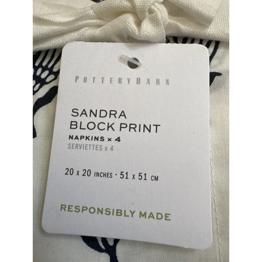 Pottery Barn Sandra Block Print Napkins Navy White Organic Cotton Set of 5 20x20